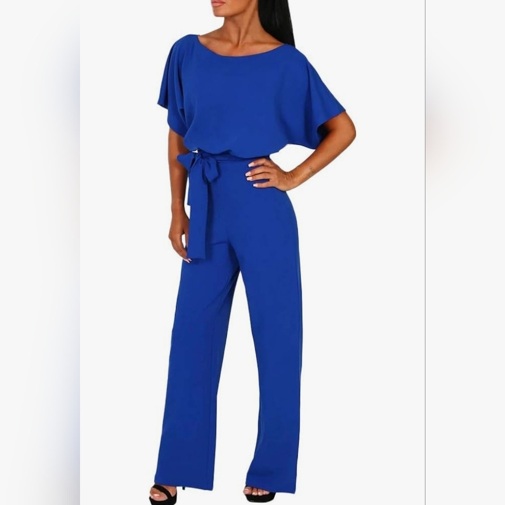 Emma & Michelle Blue Short Sleeve Belted Wide Leg Jumpsuit - Size M